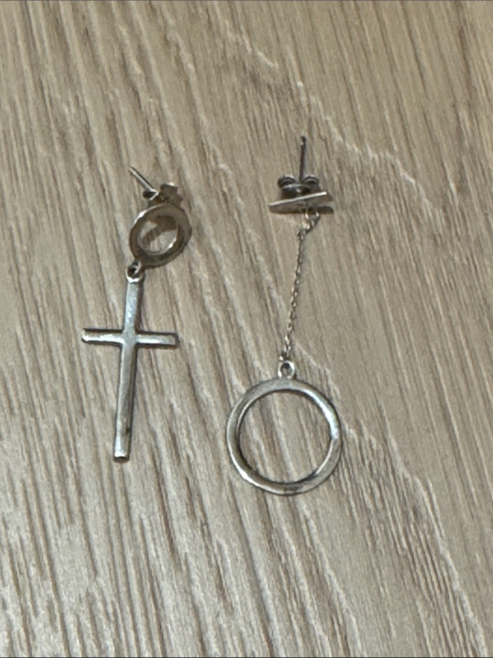 Silver Cross and Circle Drop Earrings - Asymmetrical Dangle